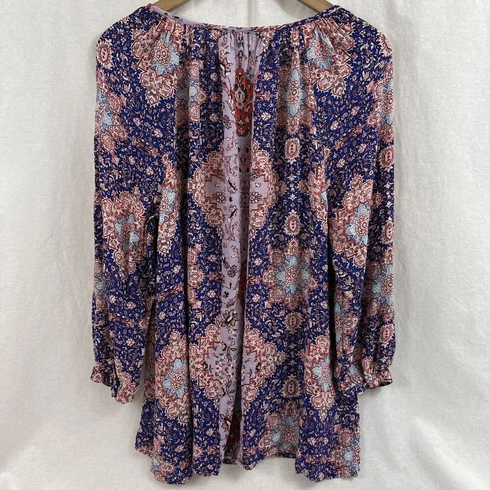 Lucky Brand Boho Blue Colorful Tie Popover Peasant Top Womens Sz 1X Festival - Picture 2 of 8